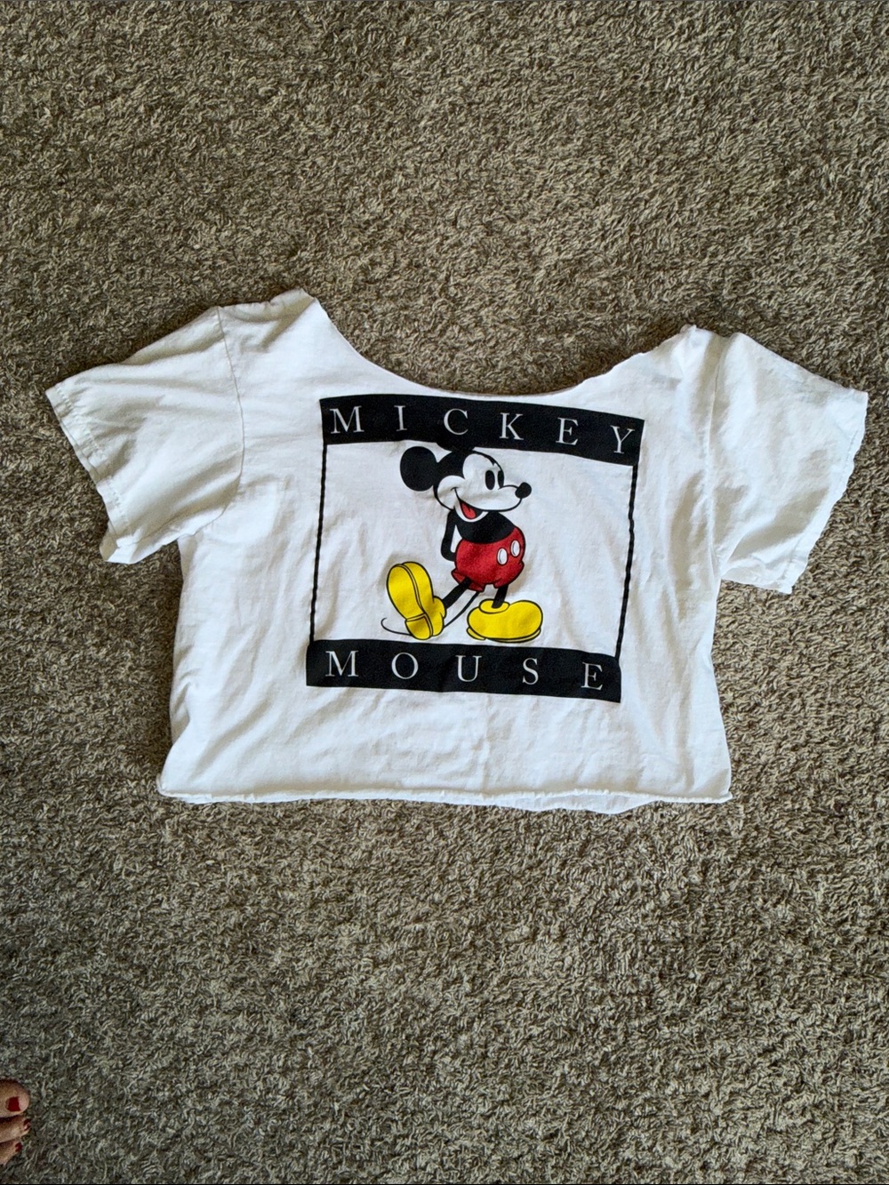 Disney White Cropped Mickey Mouse Graphic Tee with Yellow & Red Accents